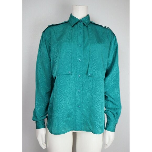 VINTAGE WOMENS TEAL GREEN SILKY TEXTURED BUTTON-UP BLOUSE - ALEXANDRIA - SIZE 12 - Picture 1 of 8
